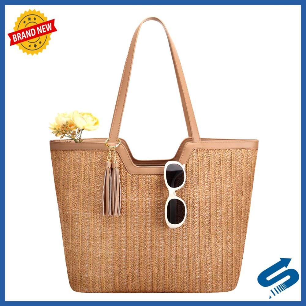 Large Straw Tote Bag with Zipper Closure and Interior Pockets